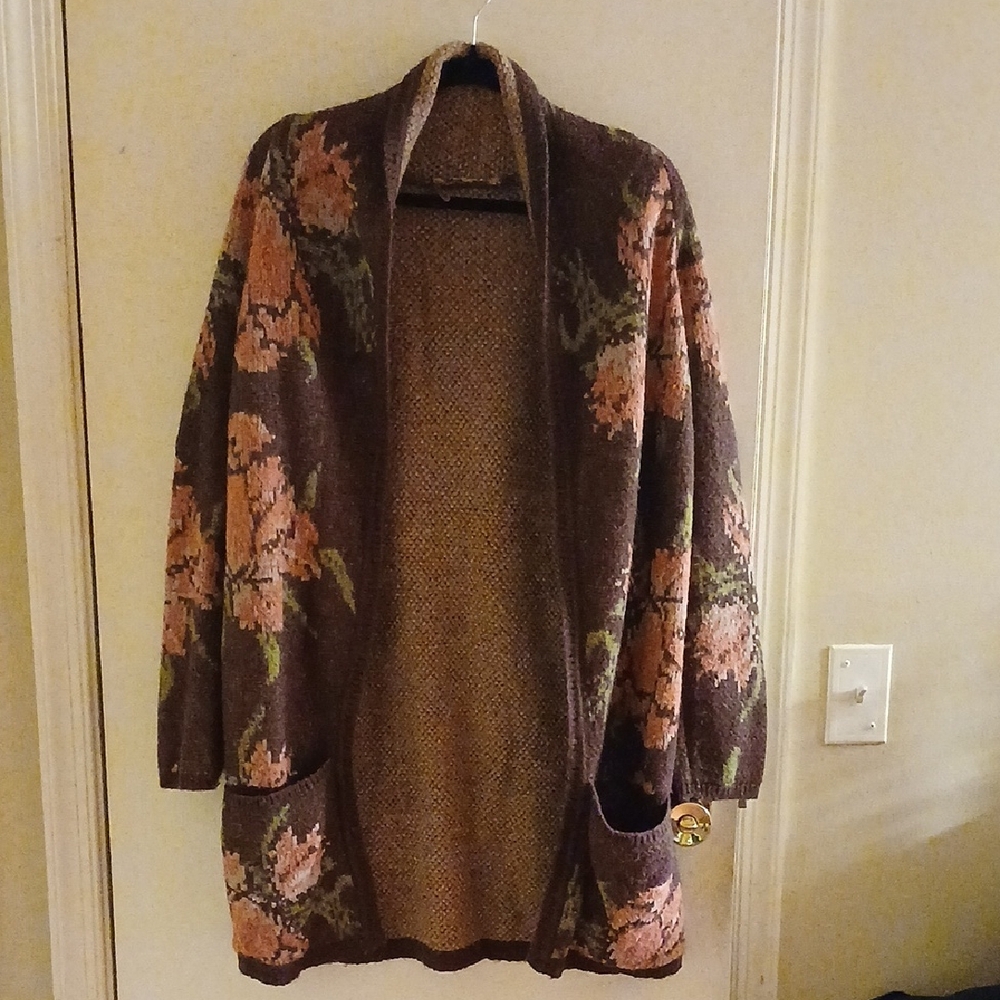 Free People Textured Knit Cardigan in Floral Earth Tones